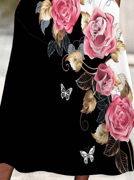 Women's 3/4 Sleeve Scoop Neck Floral Printed Lace Stitching Midi Dress