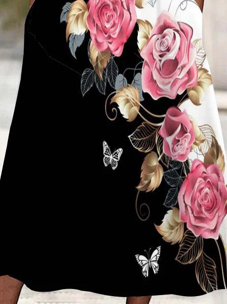 Women's 3/4 Sleeve Scoop Neck Floral Printed Lace Stitching Midi Dress