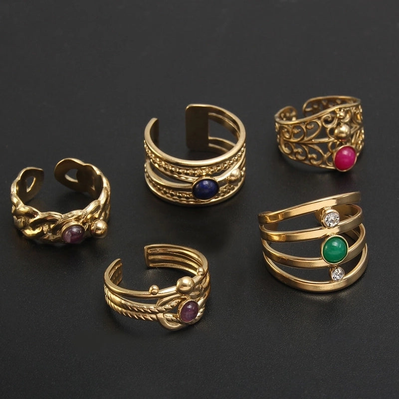 304 Stainless Steel 18K Gold Plated Baroque Style Plating Inlay Solid Color Natural Stone Open Rings