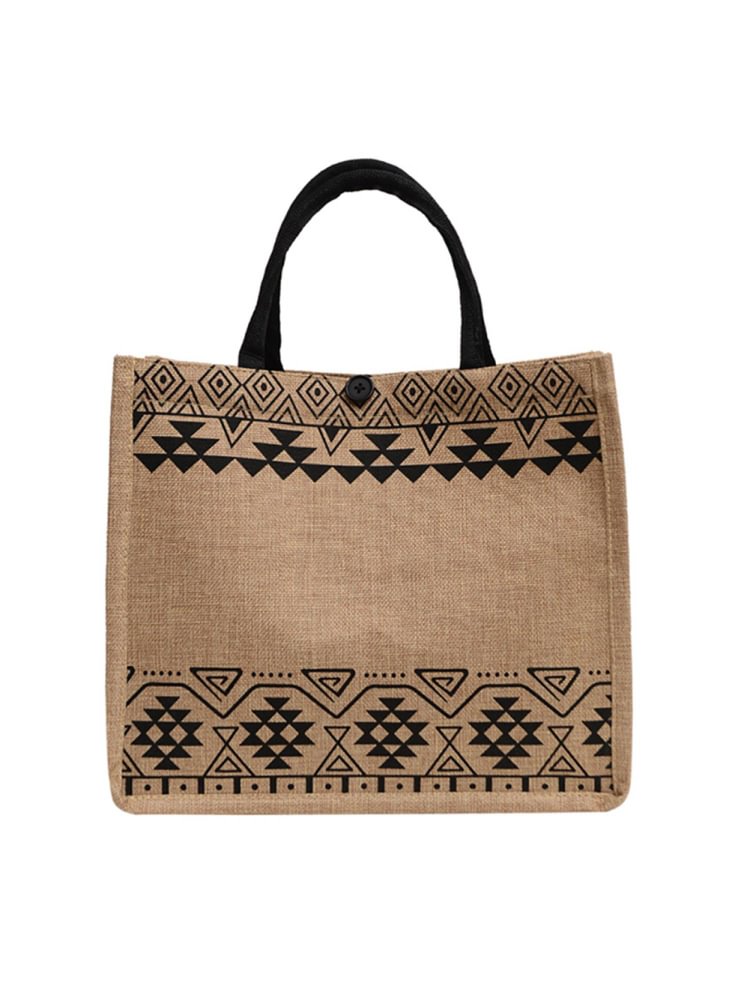 Women Vintage Geometric Pattern Linen Tote Bags Large Capacity Shoulder Bag