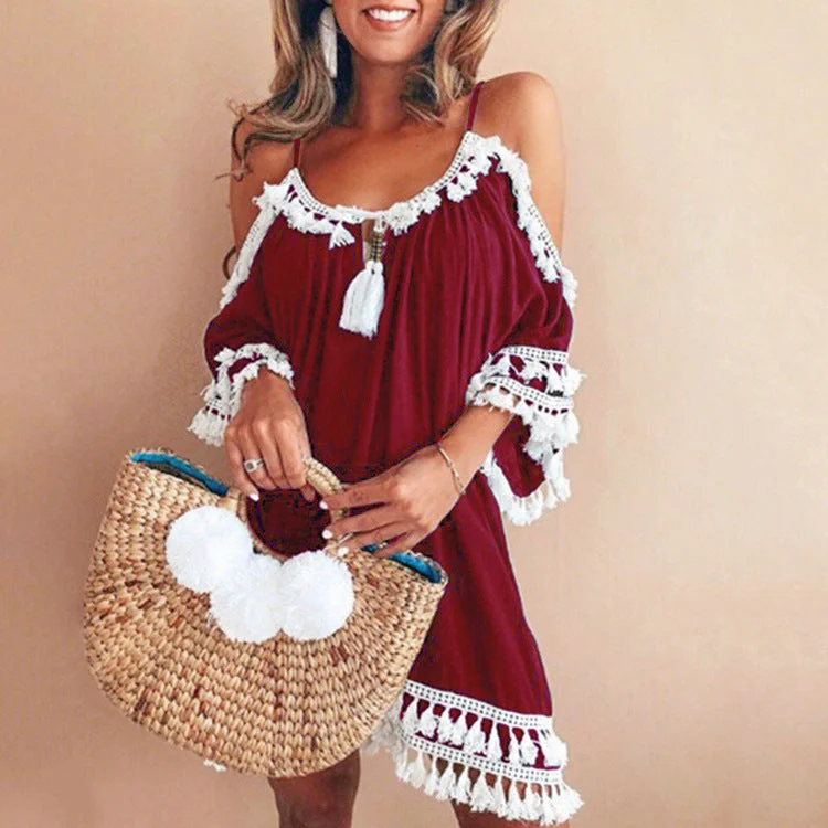 Halter fringed off-shoulder dress