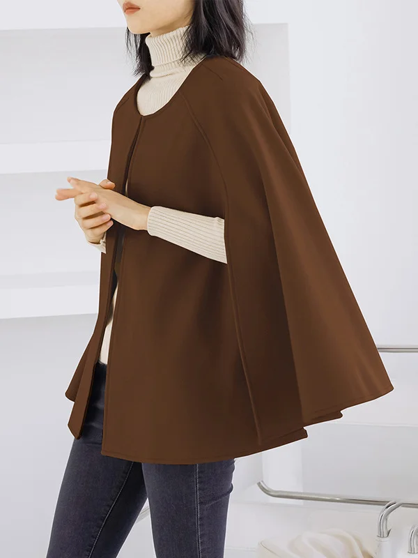 Casual Loose Solid Color Round-Neck Cape Outerwear