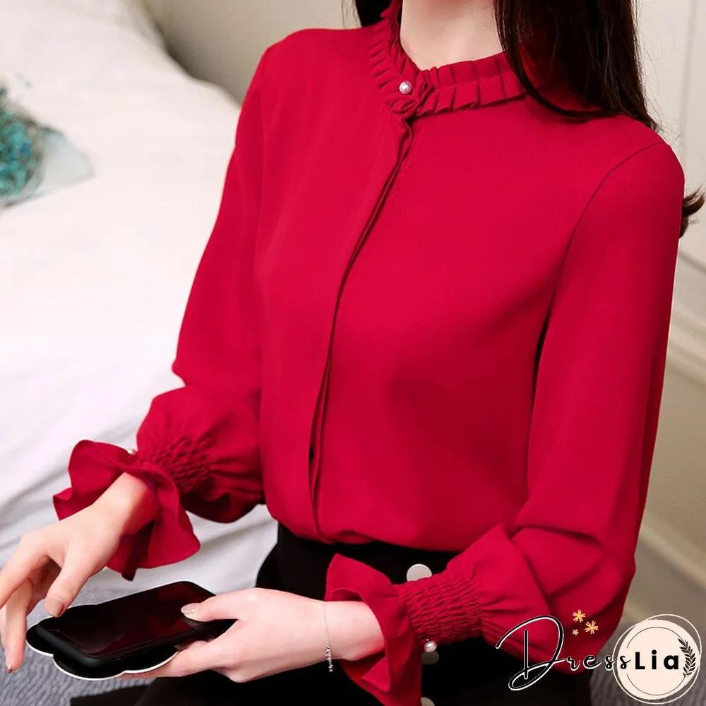 fashion women blouses shirts OL chiffon blouse long-sleeved womens tops and blouses solid female clothes 1016 40