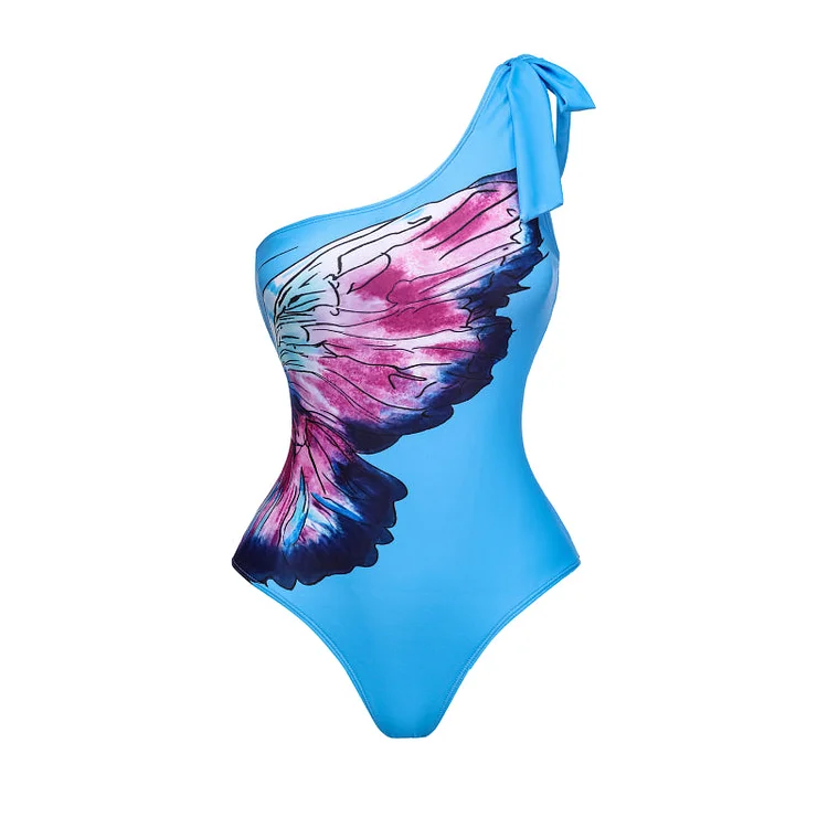 One Shoulder Butterfly Print One Piece Swimsuit