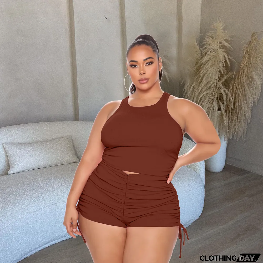 Plus Size Women's Tank Top Pleated Casual Shorts Two Piece Set