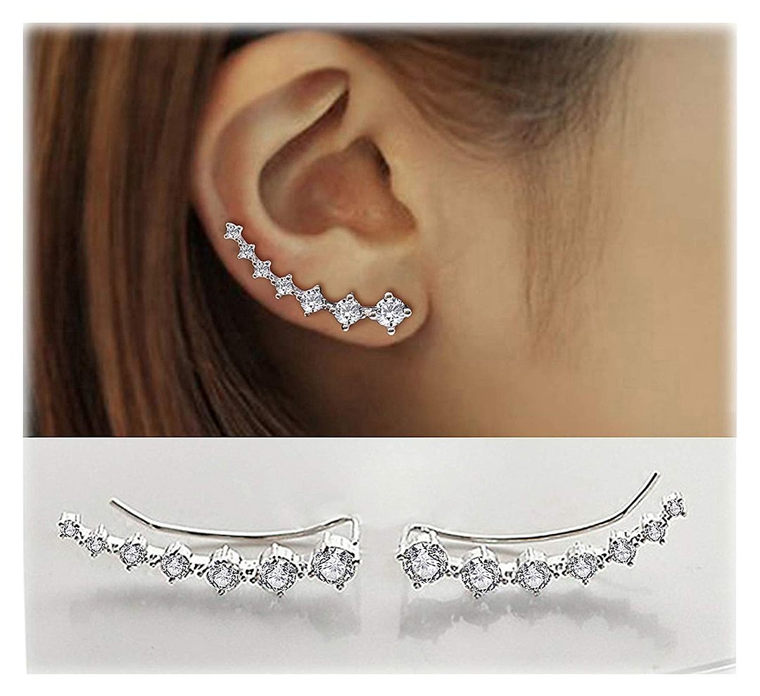 7 Crystals Ear Cuffs Hoop Climber S925 Sterling Silver Earrings Hypoallergenic Earring