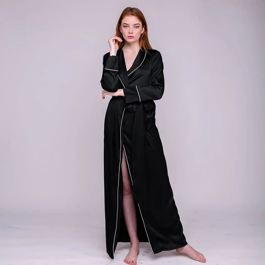 Graduation Gifts Black Satin Robe Long Sleeve  Sleeepwear Women Bathrobe For Home Robe 2023 Spring Elegant Nightdress For Wedding Bride