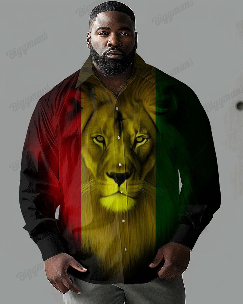 Plus Size Men's Casual Colorblock Lion Print Lapel Long Sleeve Shirt