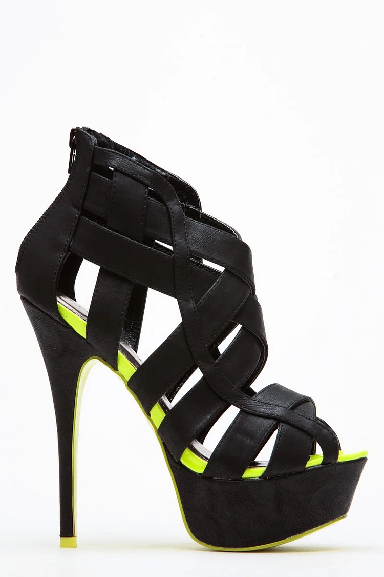 Women's Black and Lime Green Platform Sandals Hollow-out High Heels |FSJ Shoes