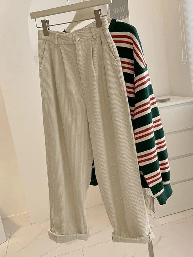Oocharger High Waist Women Vintage Corduroy Pants Spring Fashion Straight Causal Trousers Solid Korean All Match Pants
