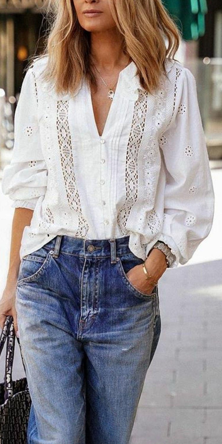 Solid Color Cotton&Linen Lace Stitching Long Sleeve Blouse