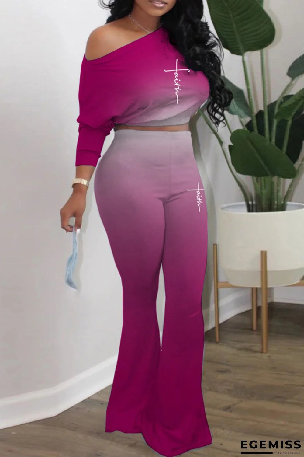 Fuchsia Casual Gradual Change Print Basic Oblique Collar Long Sleeve Two Pieces | EGEMISS