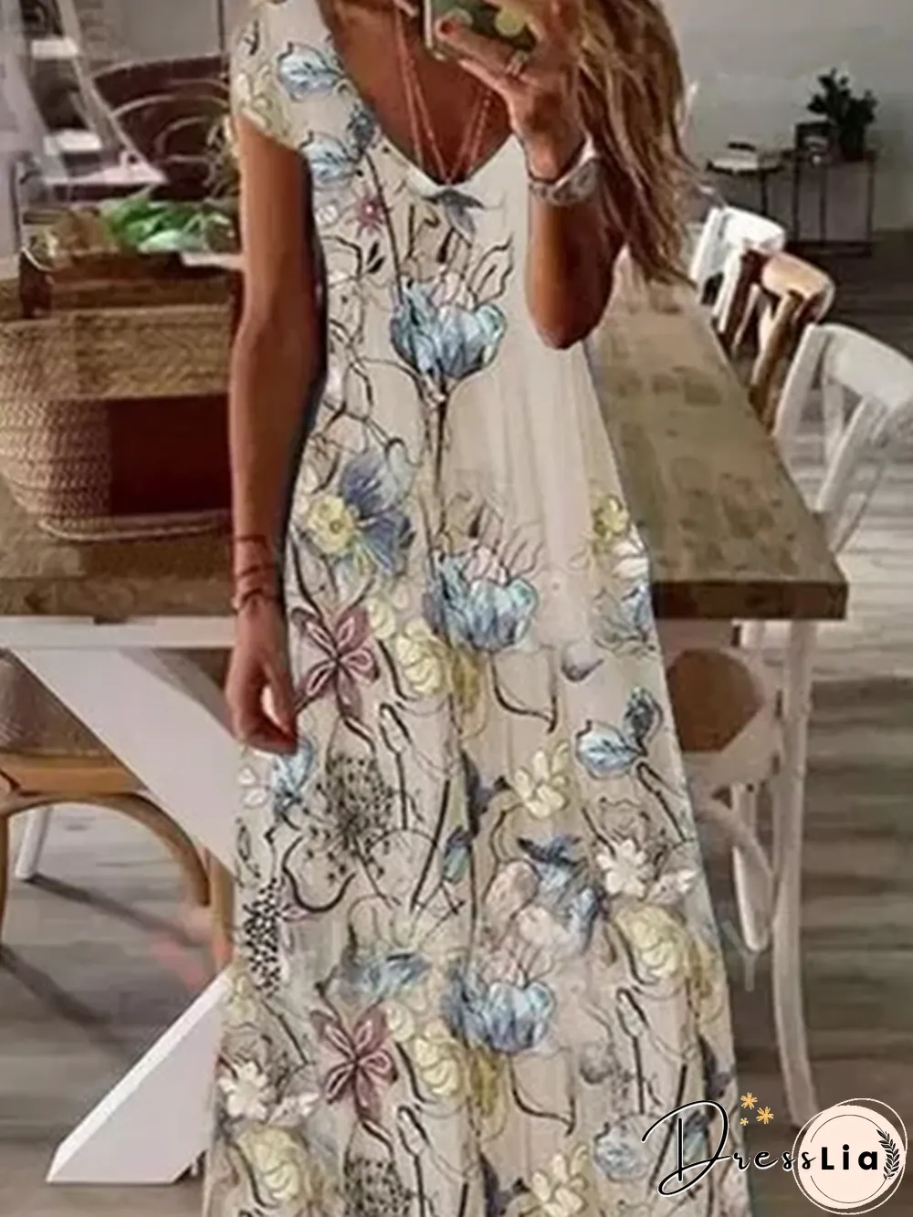 Mesh Floral Boho Short Sleeve Maxi Dress