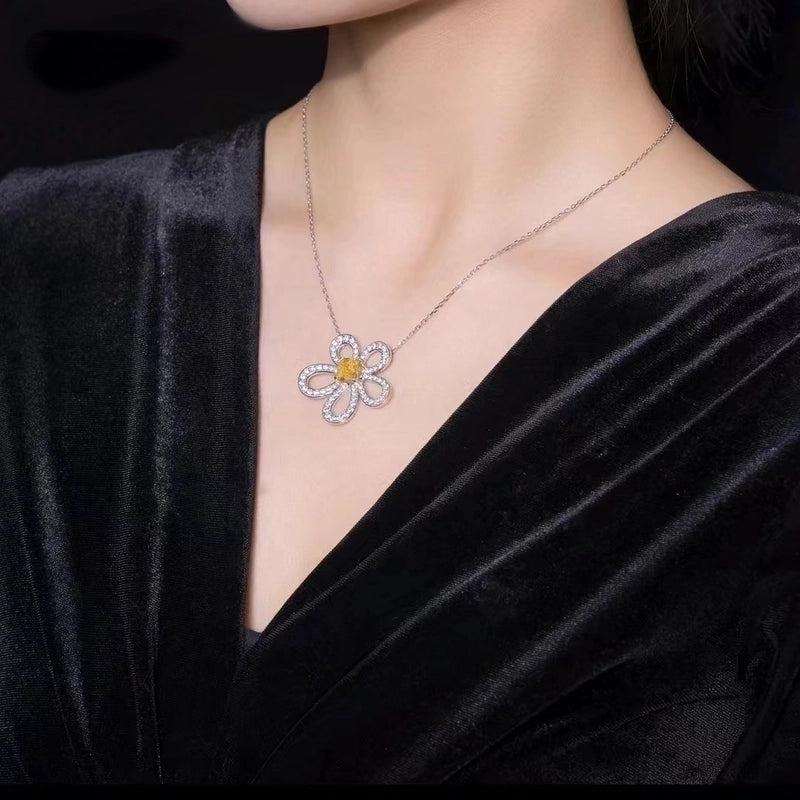 925 Sterling Silver Zircon Cable Chain Inlay Flower Pendant Necklace