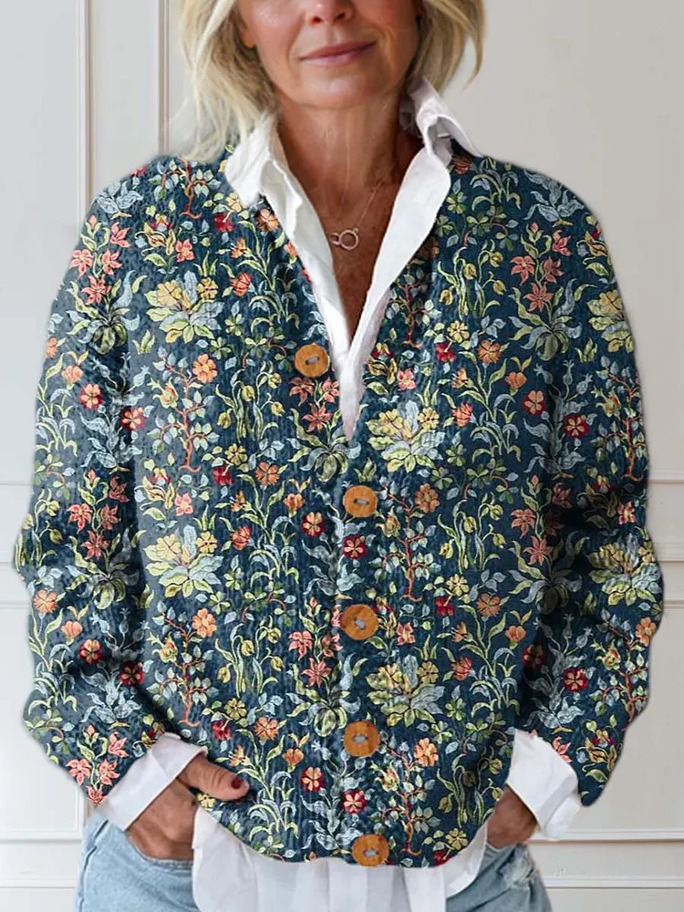Women's Vintage Floral Art Print Buttoned Cardigan Sweater