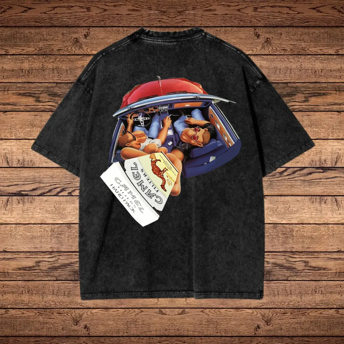 Stylish Car And Cigarette Pack Graphic Washed T-Shirt