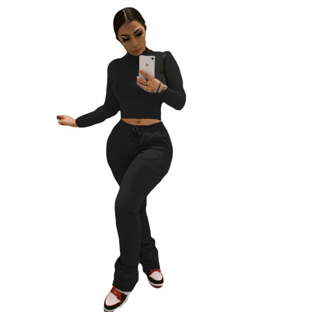 Women Workout Two Piece Set Casual Solid Long Sleeve Crop Tops T-Shirt Leggings Stacked SweatPants Suit Outfit Joggers Tracksuit