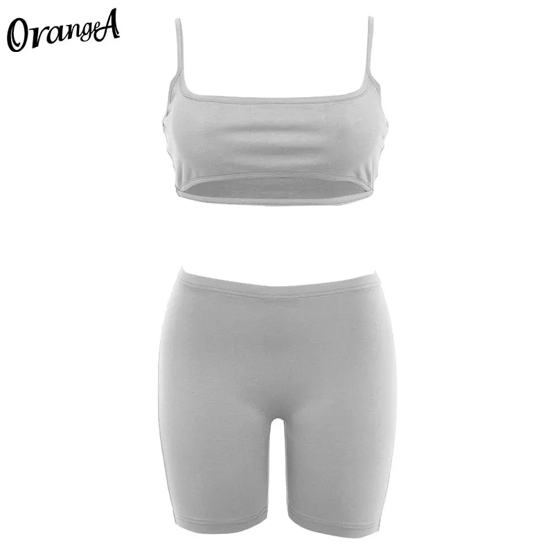 OrangeA 2021 Summer Women Camisole Crop Top+Biker Shorts 2 Piece Set Slash Neck Sleeveless Solid Elastic Casual Vacation Outfits