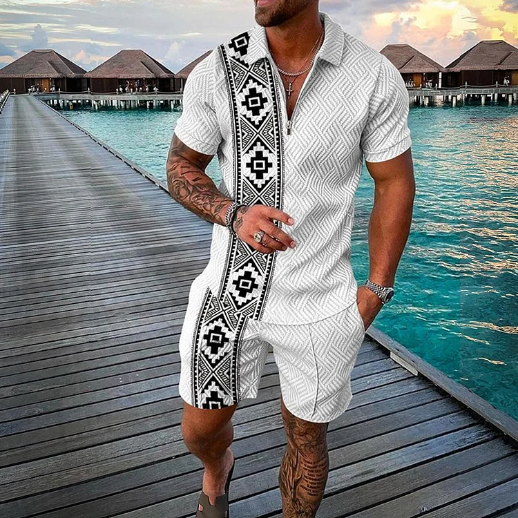 Broswear Fashion Ethnic Pattern Print Short Sleeve Polo Shirt And Shorts Co-Ord