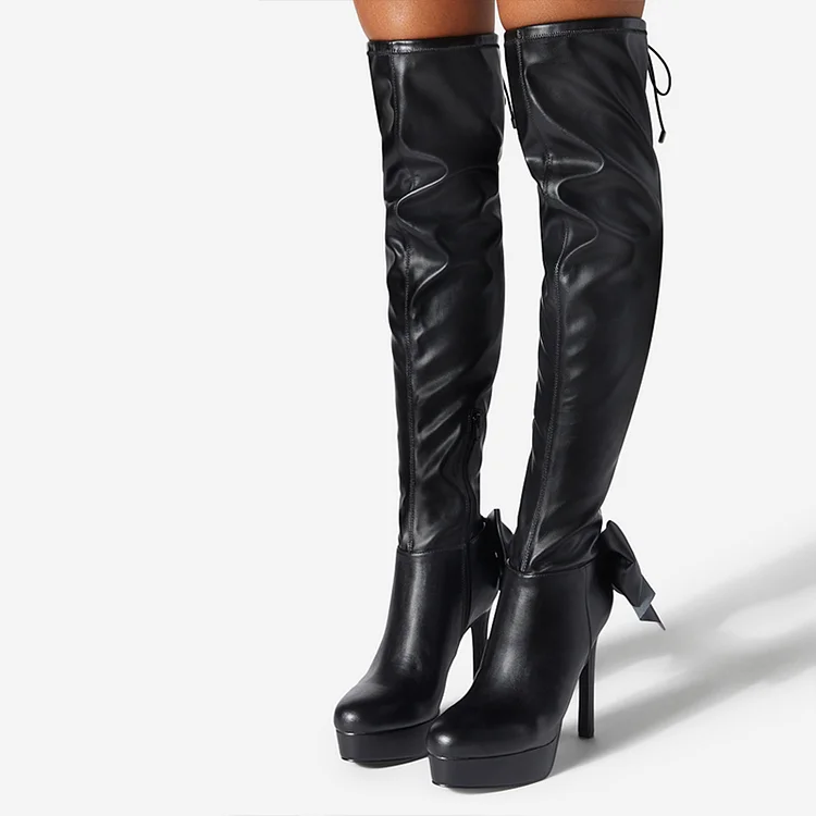 Classic Round Toe Bow Shoes Stiletto Heel Platform Thigh High Boots |FSJ Shoes