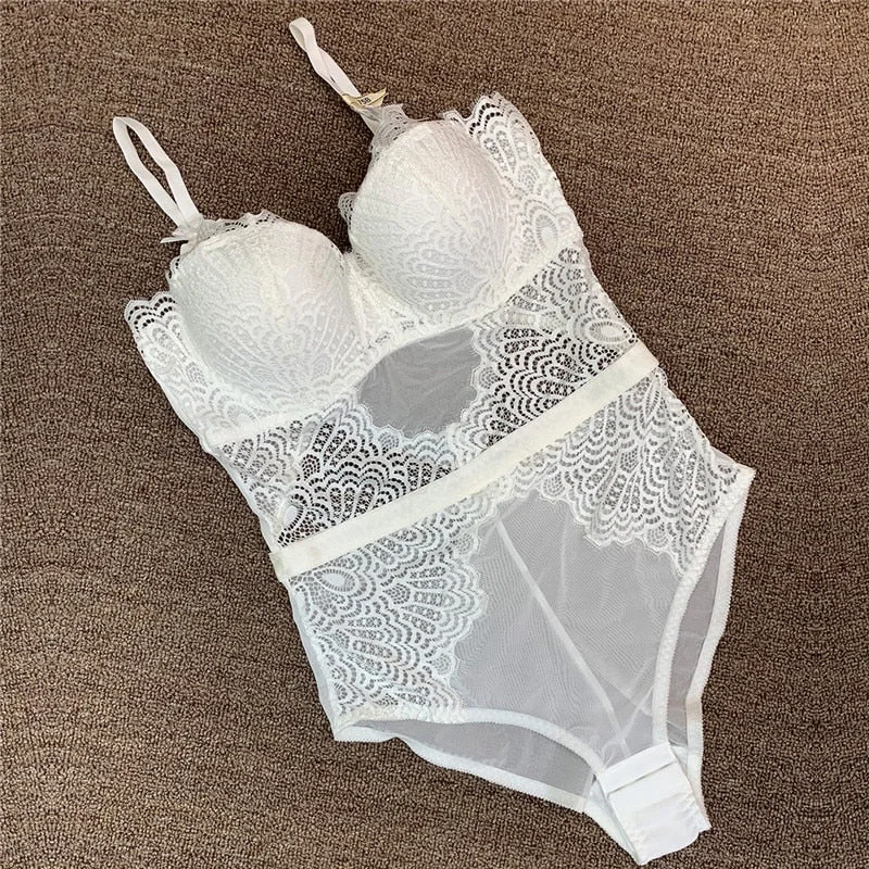 French Brand Super Push Up Bra Set Sexy Lace Bodycon Women Underwear Embroidery Hollow Corset Sleepwear Onesies Panties Set