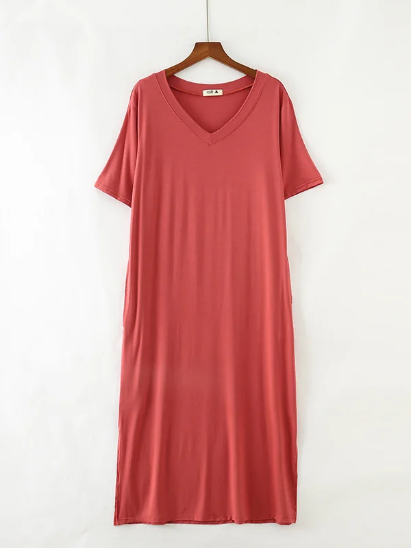 Minimalist Short Sleeves Roomy Split-Side Pure Color V-Neck Pajamas Dress