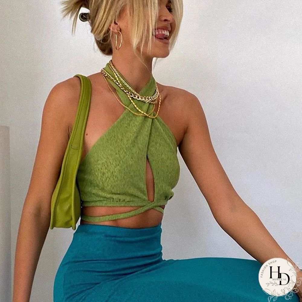 Green Sexy Bandage Halter Crop Tops For Women Sleeveless Backless Club Party Chic Wrap Cropped Top Slim Streetwear