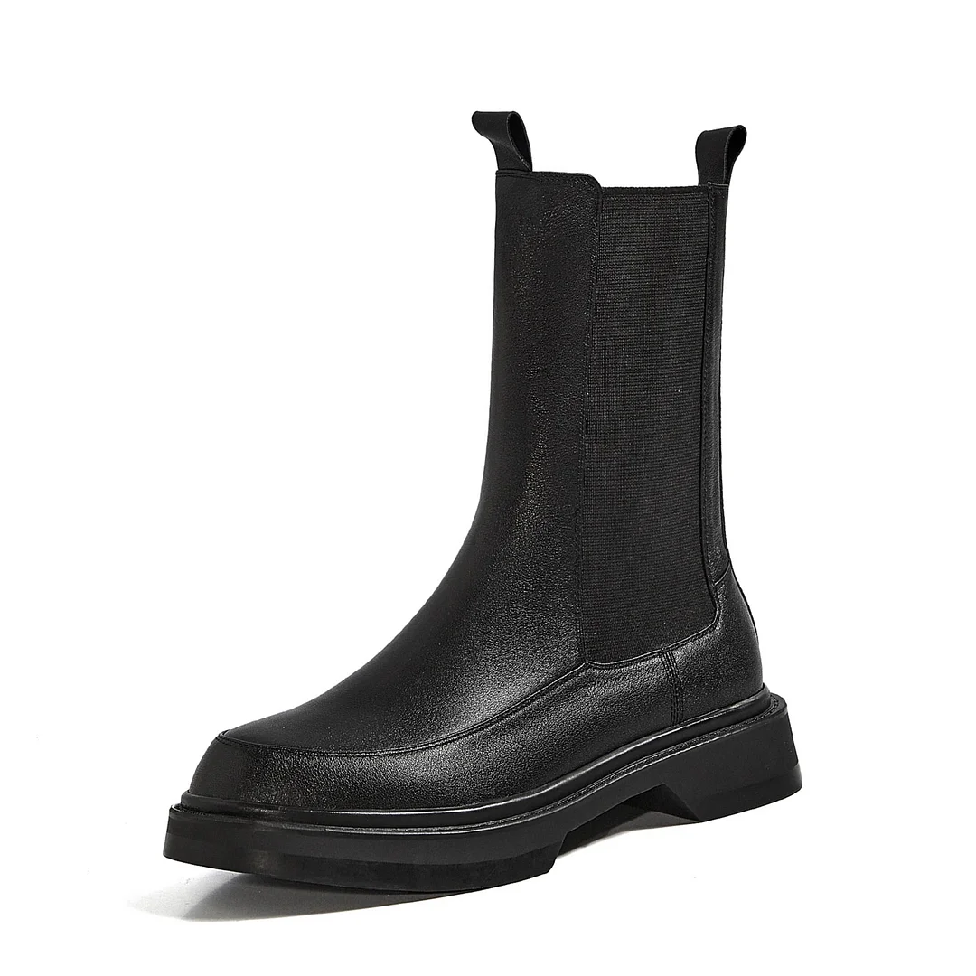 Lourdasprec New Winter Boots Women Cow Leather Round Toe Platform Boots Solid Flat Mid-Calf Modern Boots For Women Slip-On Short Boots Women