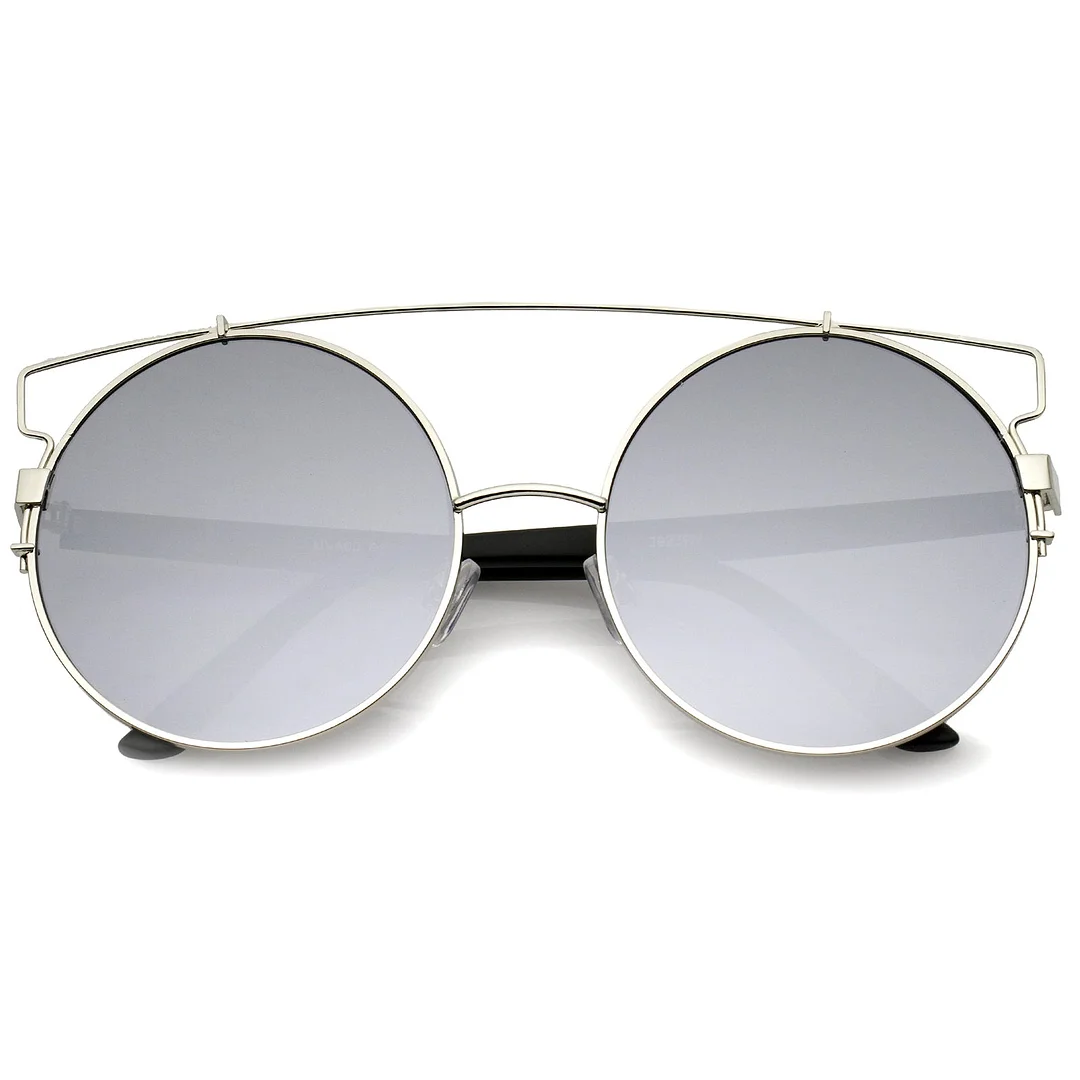 Oversize Metal Frame Horn Rimmed Crossbar Mirror Flat Lens Round glasses 62mm