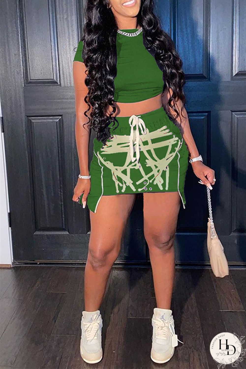 Red Fashion Sexy Print Asymmetrical O Neck Short Sleeve Two Pieces