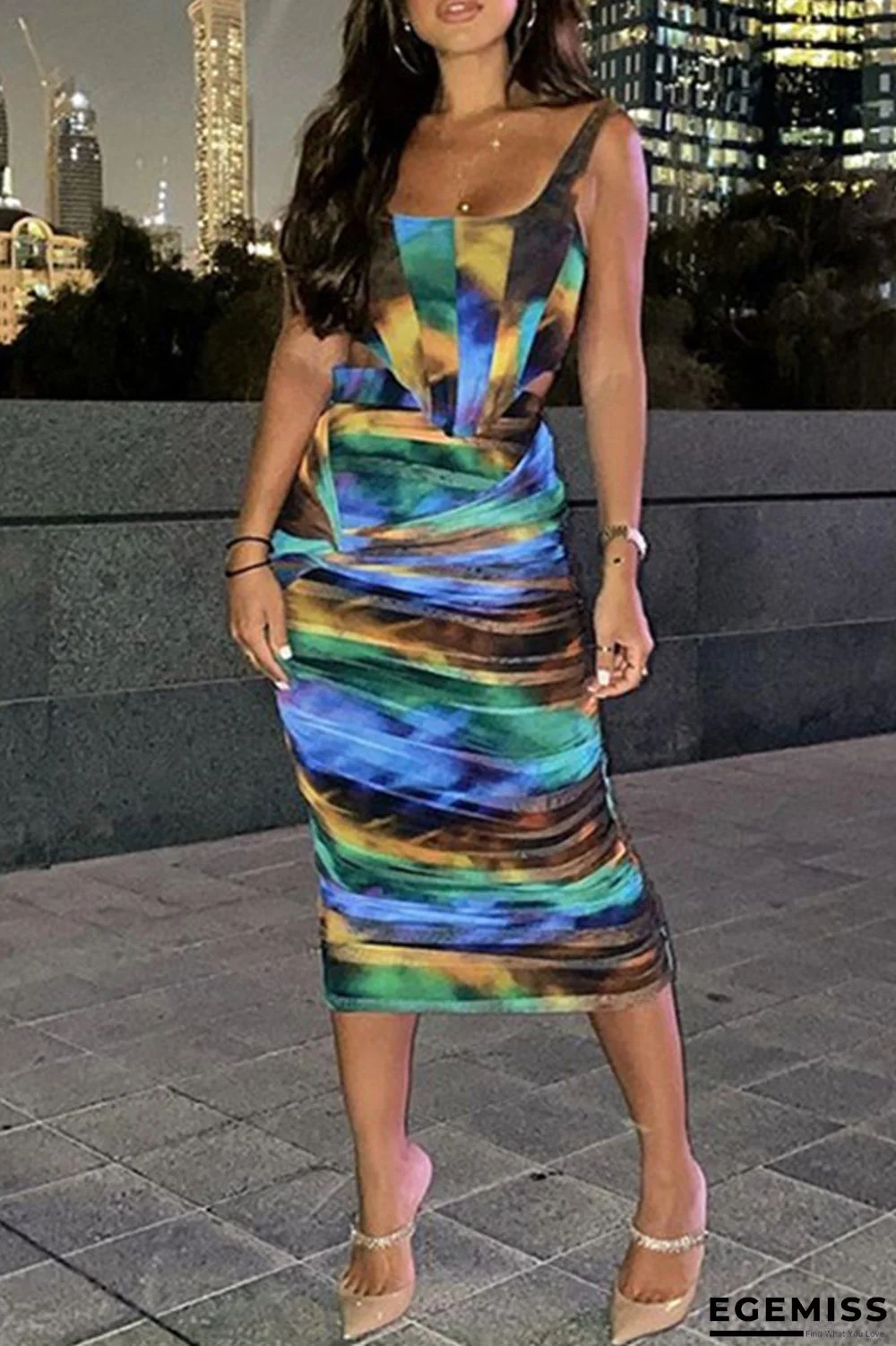 Colour Fashion Sexy Print Backless Fold Asymmetrical U Neck Sleeveless Two Pieces | EGEMISS