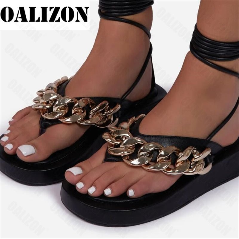 Women's 2021 Fashion Chain Flip Flops Sandals Shoes Women Clip Toe Thong Platform Lace Up Ladies Casual Gladiator Sandals Shoes