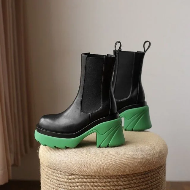Pink/Blue/Green/Black Warm Round Toe Thick-soled  Square Heel Boots BE490