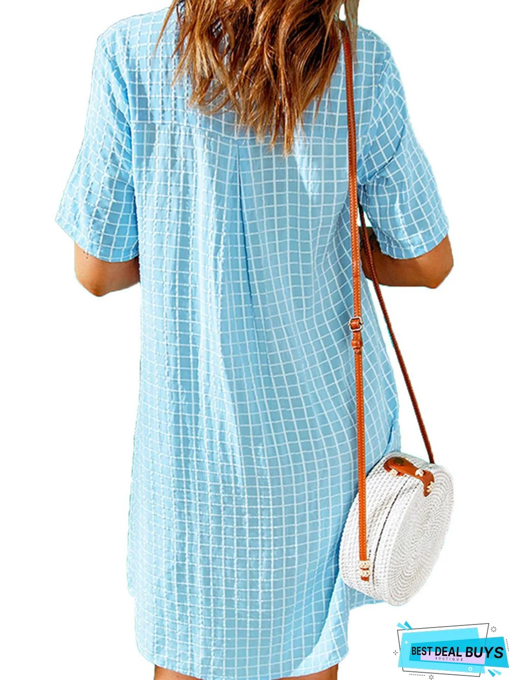 Women's Casual Shirt Short Skirt Lapel Plaid Loose Short Sleeve Dress White Dress