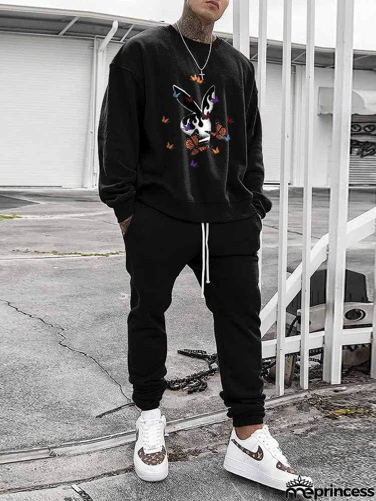 Comfy Mens Track Suits Printed Long Sleeve Sweatshirt + Track Pants