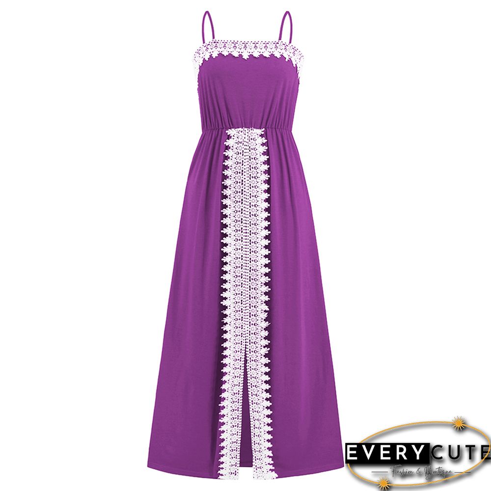 Purple Spliced Lace Trim Spaghetti Straps Dress