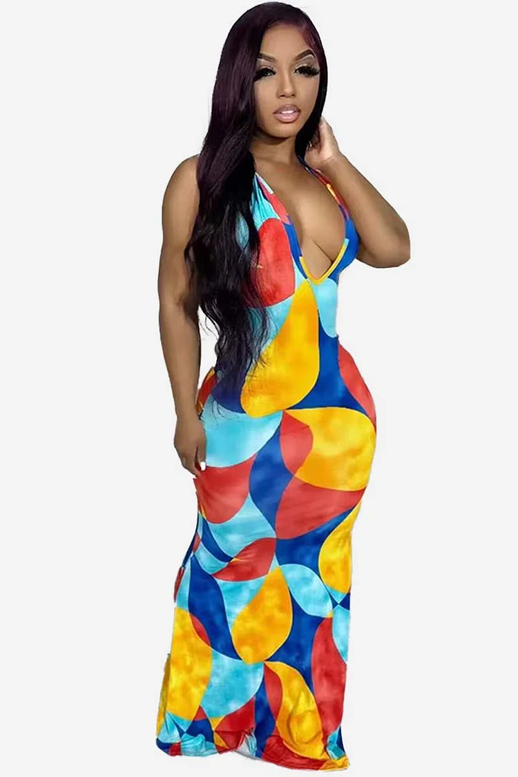 Colorblock Geometric Print Halter Backless Bodycon Vacation Maxi Dresses