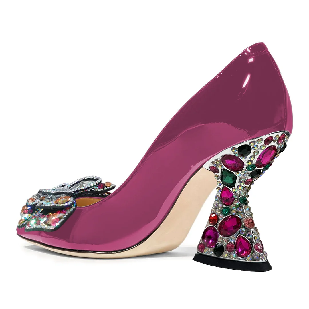 Pink Patent Leather Pointed Rhinestone Butterfly Elegant Pumps 