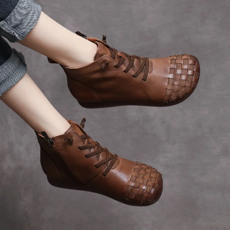 Yyvonne Time 138] National Wind Leather Hand-Woven Flat Bottom Short Boots Cow Skin Boots Soft Bottom Women's Cotton Boots