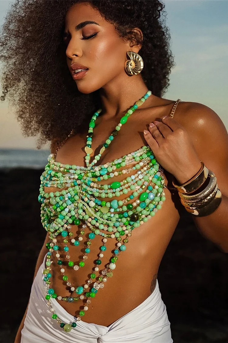 Multiple Beaded Design Halter Neck Crop Top-Green
