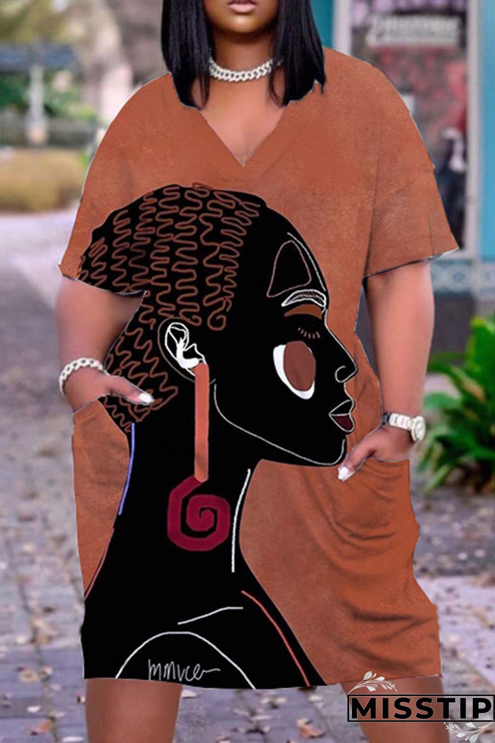Black Pink Casual Print Pocket V Neck Straight Dresses