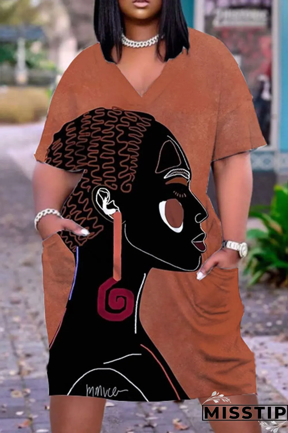 Black Pink Casual Print Pocket V Neck Straight Dresses