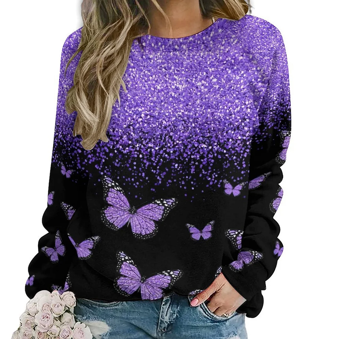 Printed Long Sleeve Casual Sweatshirt for  Women and Men Unisex Pattern Butterfly, Purple, Black, Glitter