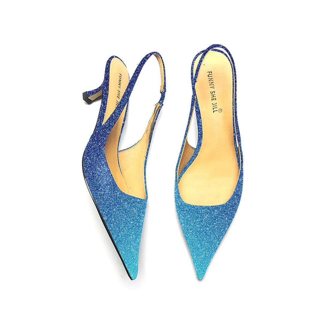 Blue Gradient Pointed Toe Glitter Slingback Kitten Heel Pumps Nicepairs