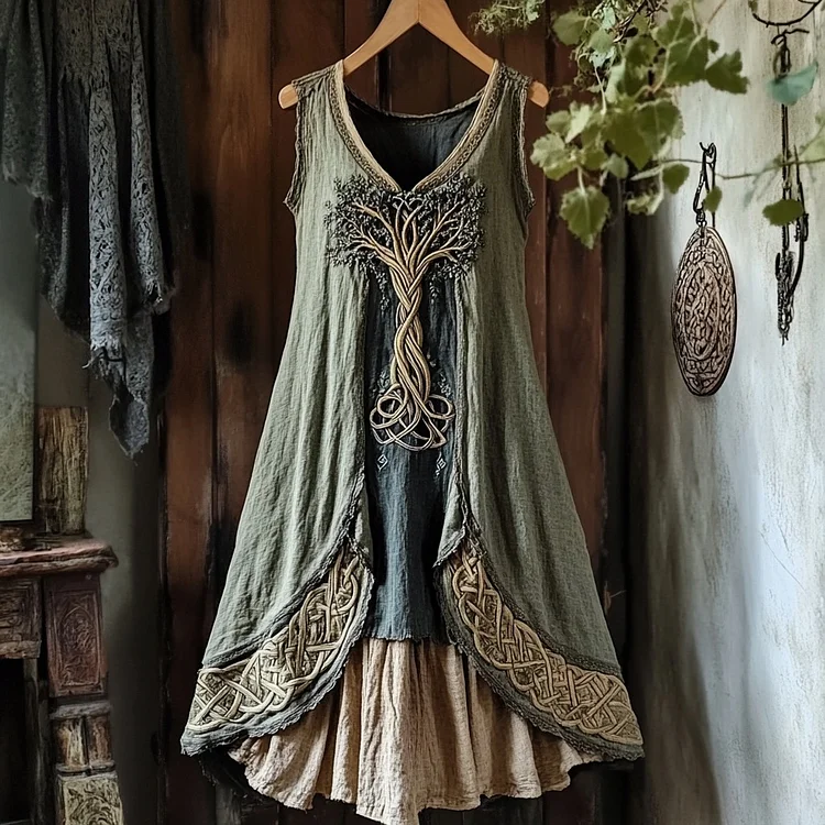 Viking Tree Of Life Celtic Knot Patchwork Art Linen Tank Dress