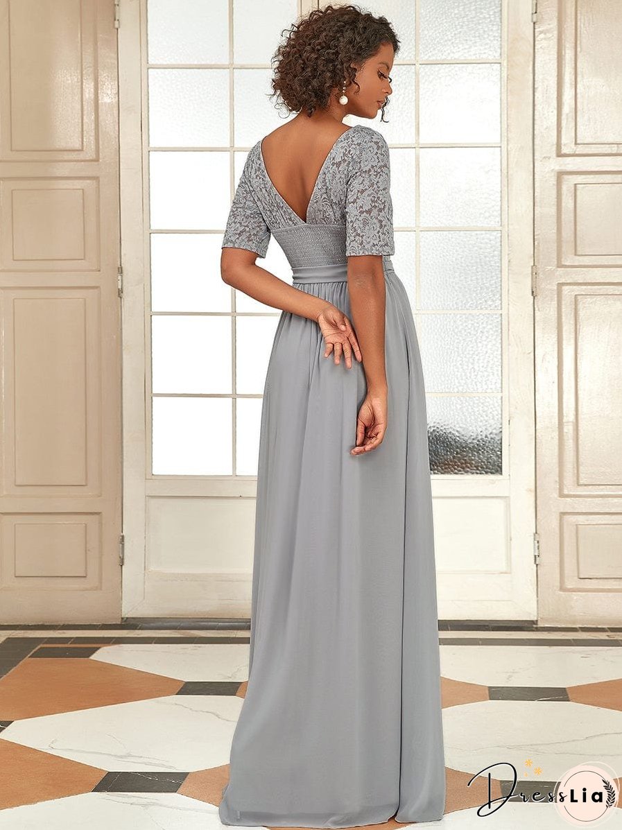 Sophisticated Lace Bodice Chiffon Maxi Evening Gown with Belt for Elegant Occasions