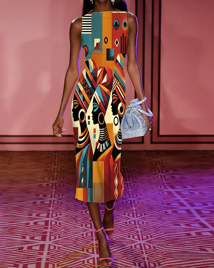 Black Oil Painting Geometric Art Slim Sleeveless Dress