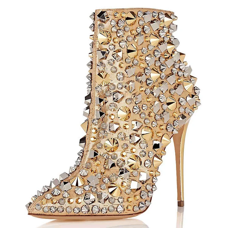 Gold Pointed Toe Stud Embellished Stiletto Heel Ankle Boots |FSJ Shoes