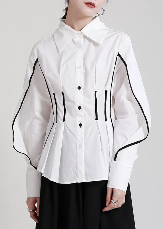 French White Peter Pan Collar Patchwork Wrinkled Cotton Cinch Shirt Fall