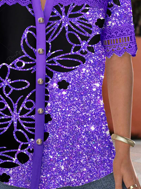 Women's Short Sleeve V-neck Lace Stitching Hollow Graphic Top